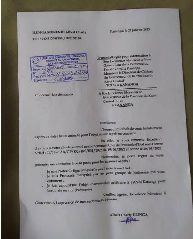 Kasaï-central : Le chef de protocole d’État au sein du cabinet du gouverneur démissionne de son poste